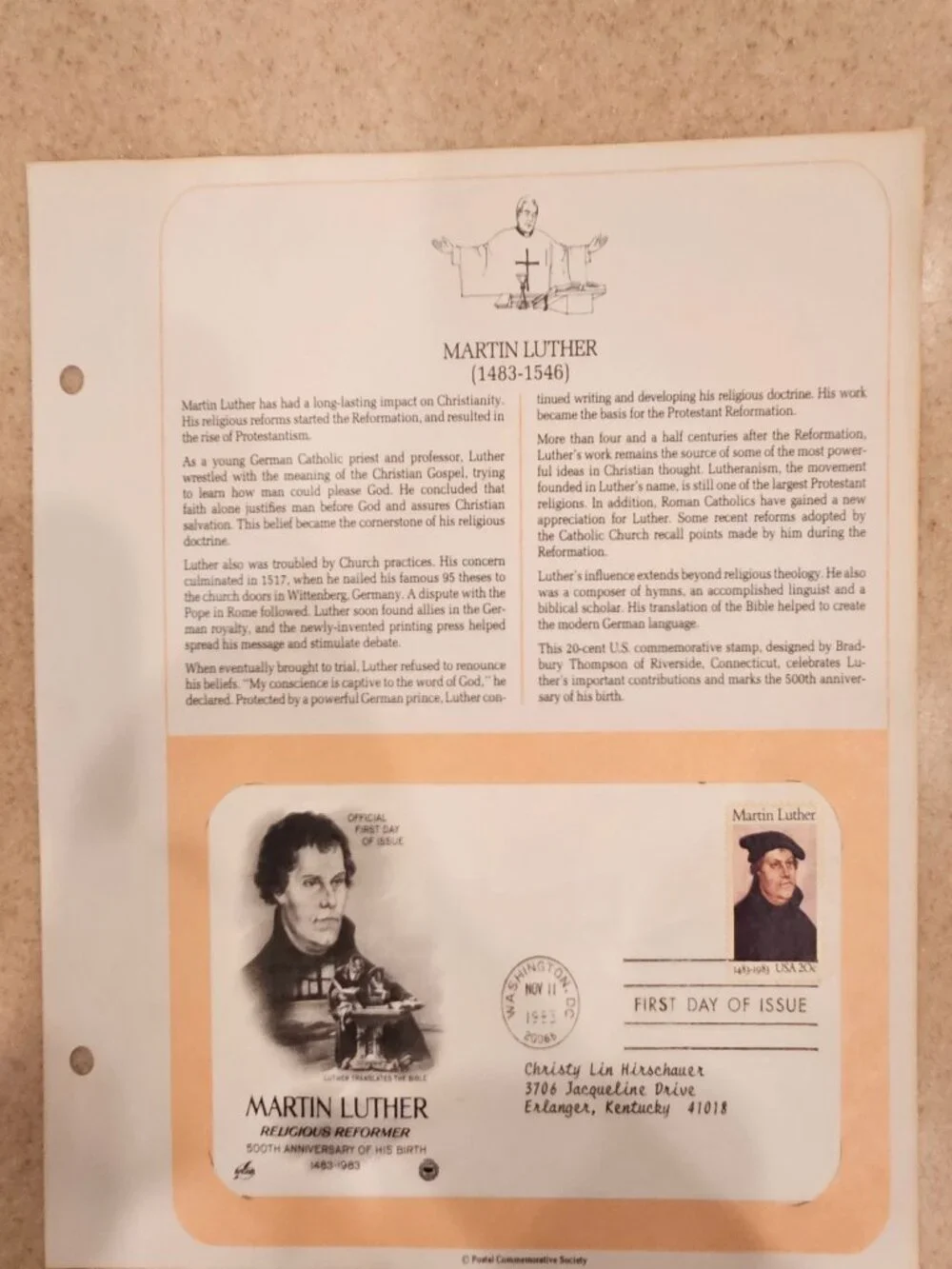 RARE COLLECTIBLE USPS 1ST DAY ISSUE COVER MARTIN LUTHER RELIGIOUS REFORMER STAMP